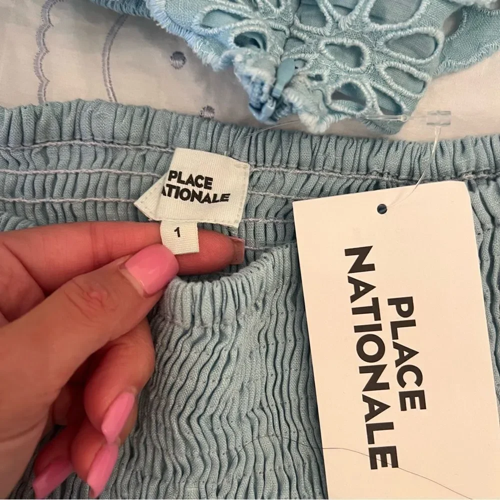 PLACE NATIONALE Top & Smocked Mini Skirt Two Piece Set Baby Blue - Picture 5 of 7